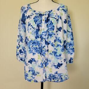 Charter Club Linen L Ruffled Button Front 3/4 Sleeve Round Neck Blouse Top